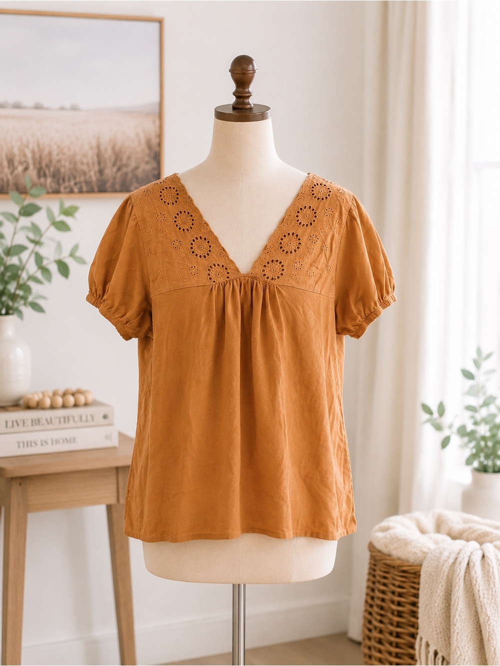 J.Crew Factory Orange Eyelet Embroidered V Neck Puff Sleeve Blouse Size Small